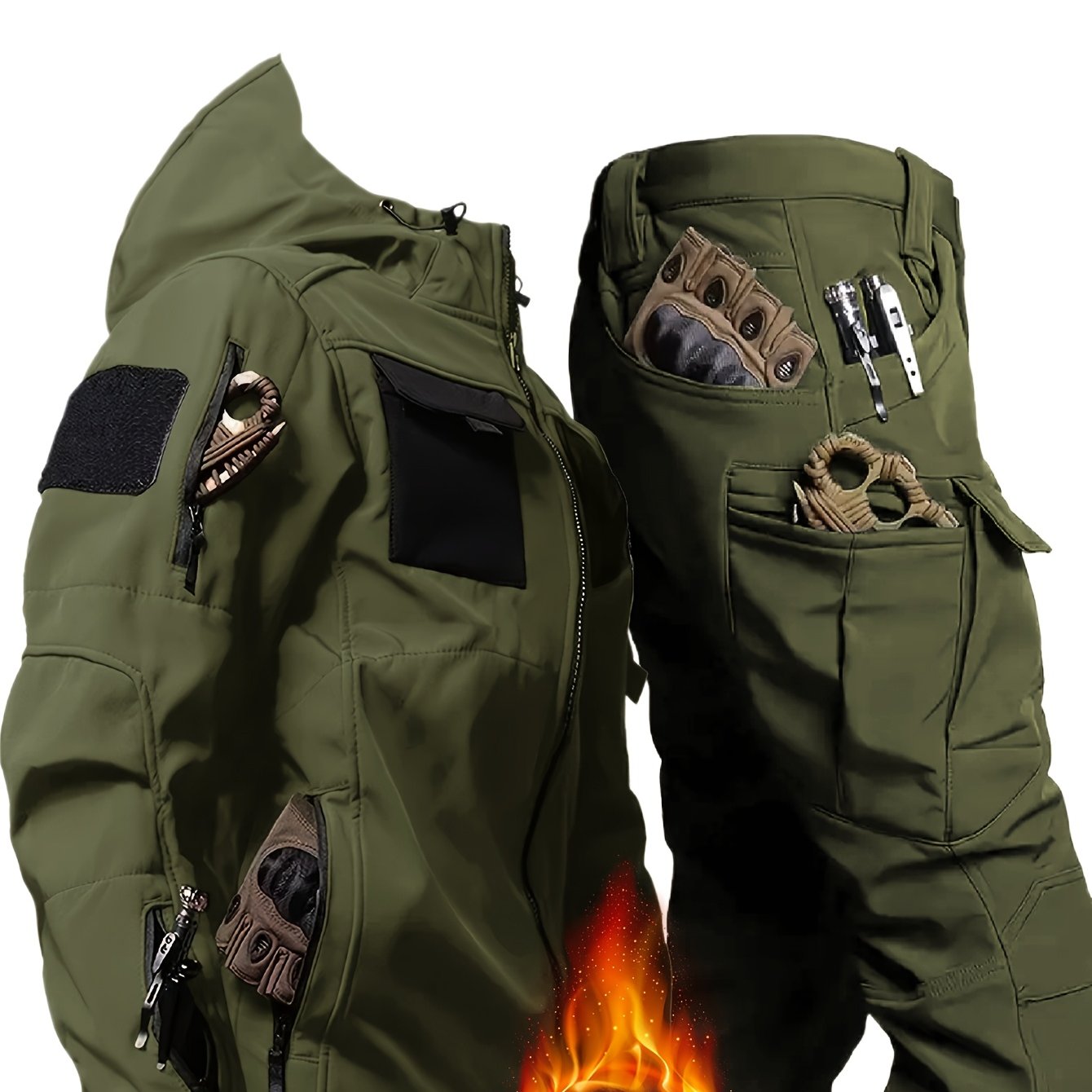 Men's Thermal Two-Piece Outdoor Set - Windproof Fleece-Lined Hooded Jacket & Cargo Pants with Zippered Pockets, Softshell Construction for Cold Weather Adventures, Durable & Lightweight, All-in-One Hiking, Camping, Hunting, C
