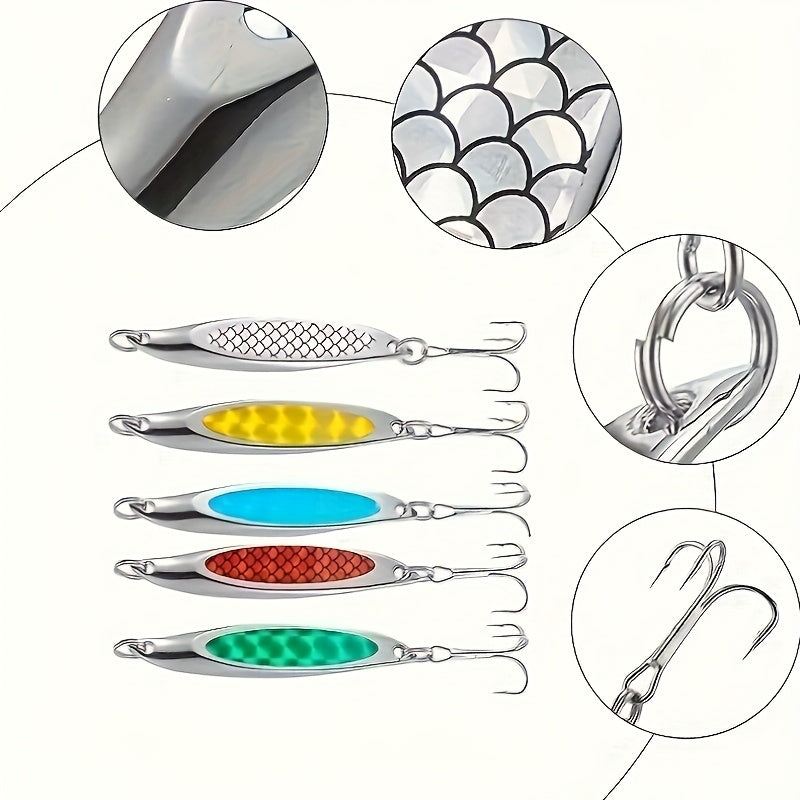 5pcs of Beveled Sequin Flash Bait, Iron Plate Metal Sequin Bait with Three Hooks, Suitable for Shore Long-Distance Casting Lure Hard Bait, Suitable for Fishing Bass, Trout, Etc.