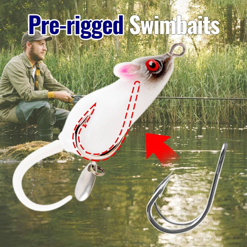5pcs Topwater Mouse Rat Fishing Lure | Realistic Soft Rat Bait for Bass, Trout, Pike, Muskie | Hollow Body, Weedless Double Barb Hooks, Spinnerbait Blade, Glide Bait Crankbait Compatible, Light Color