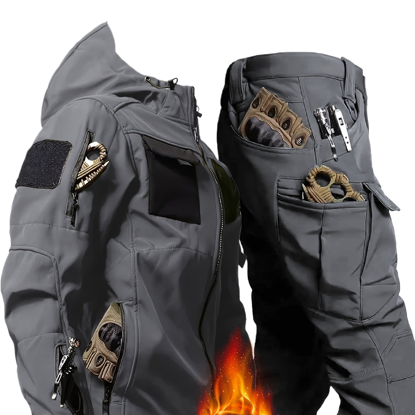 Men's Thermal Two-Piece Outdoor Set - Windproof Fleece-Lined Hooded Jacket & Cargo Pants with Zippered Pockets, Softshell Construction for Cold Weather Adventures, Durable & Lightweight, All-in-One Hiking, Camping, Hunting, C