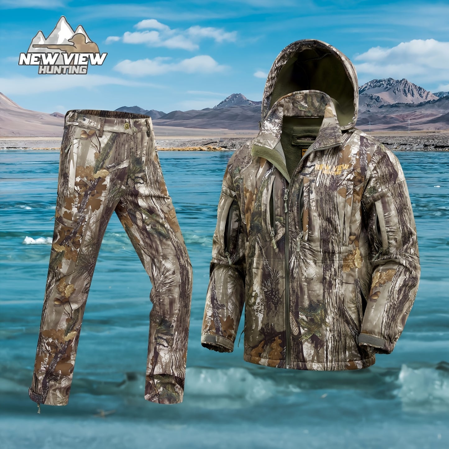 VIEW Hunting Clothes for Men, Silent Camo Fleece-Lined Jacket and Pants, Warm and Water Resistant