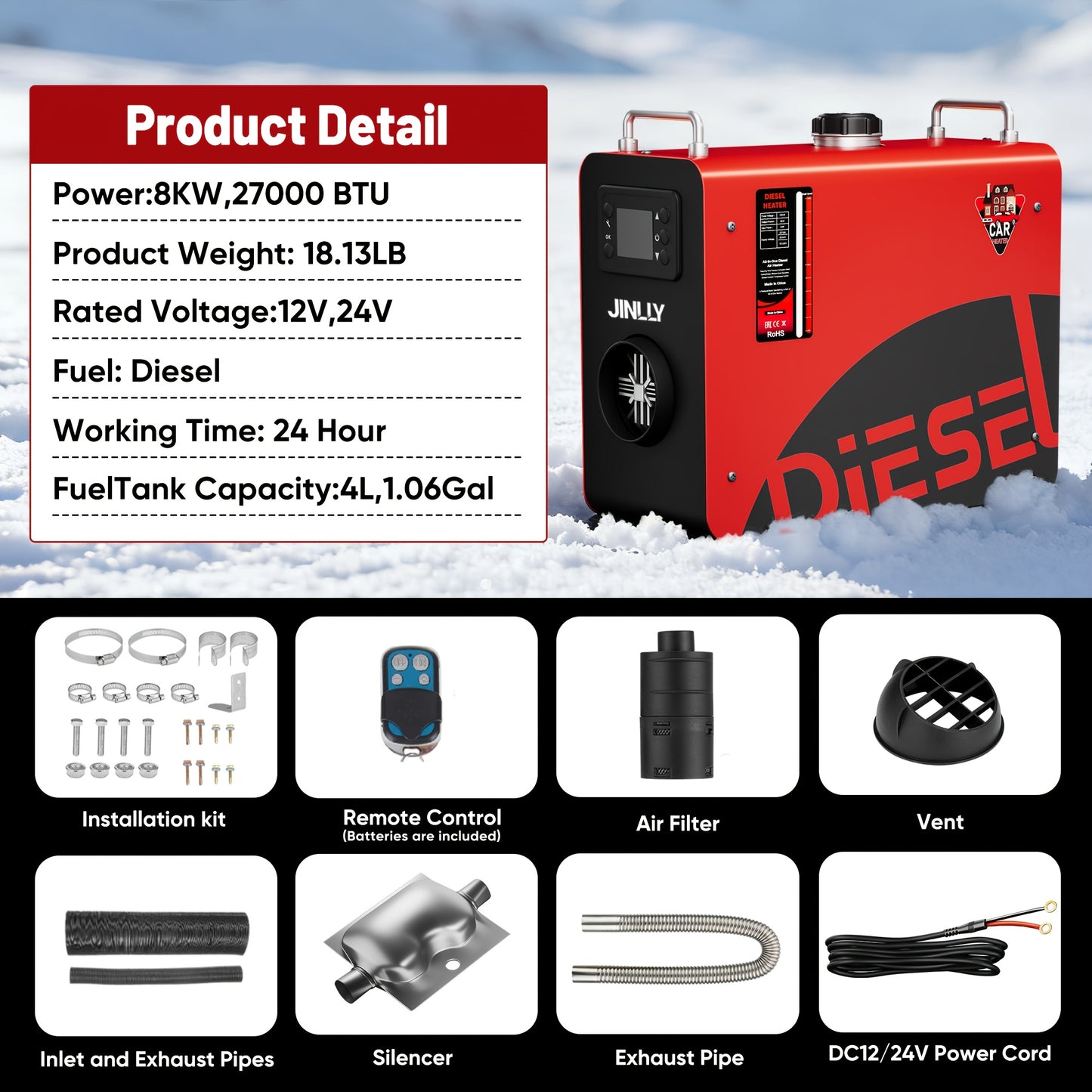 Diesel Air Heater 8KW 12V 24V Portable Parking Heater