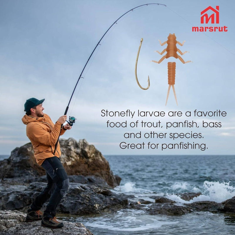 30pcs Stonefly Lures Fly Fishing Baits with Hooks & Stickers - Realistic Synthetic Fly Tying Materials, Soft Plastic Artificial Flies Suitable for Trout, Salmon, Bass, Pike - Fly Fishing Combo Set