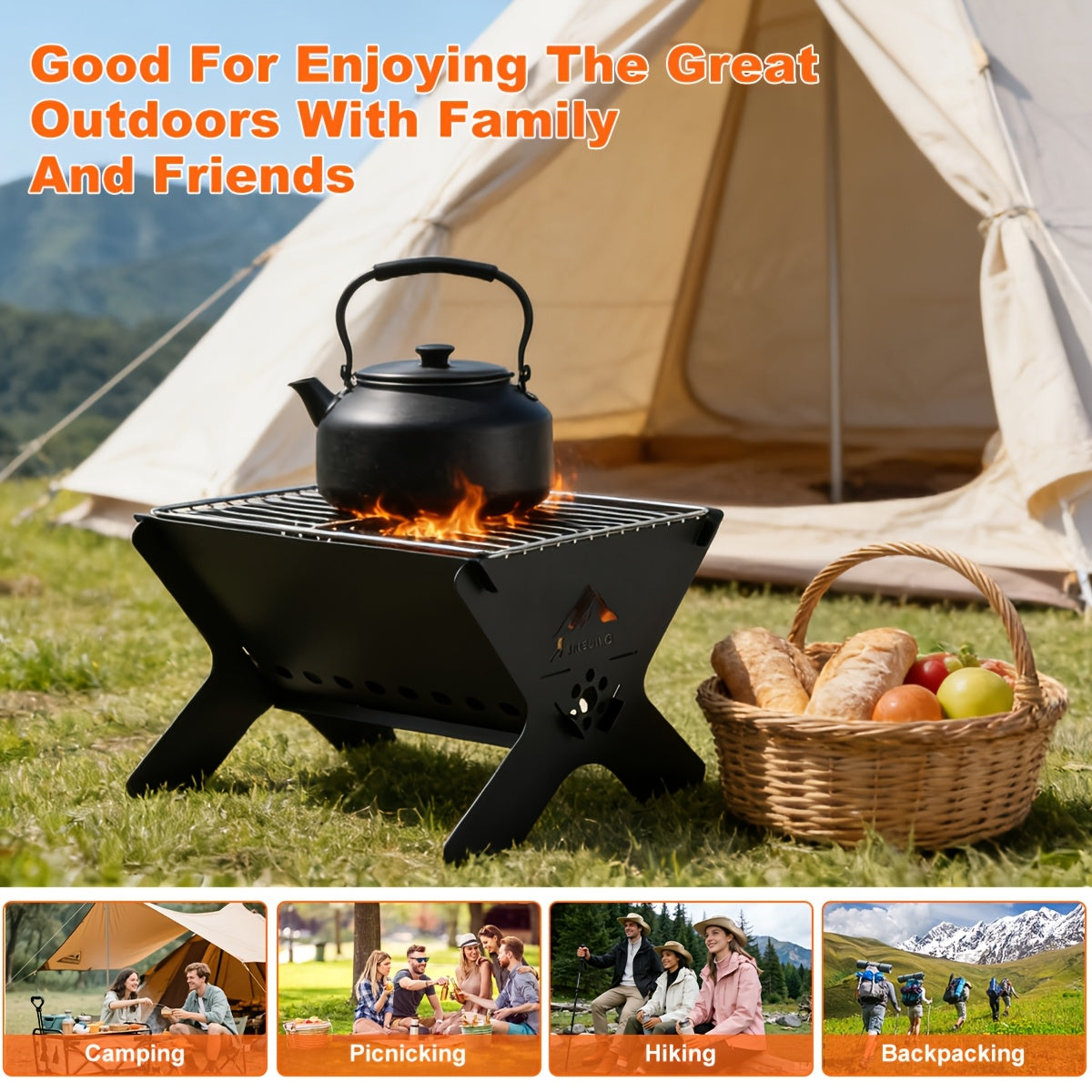 Portable Folding Charcoal Grill With Open Grate For Camping Backyard