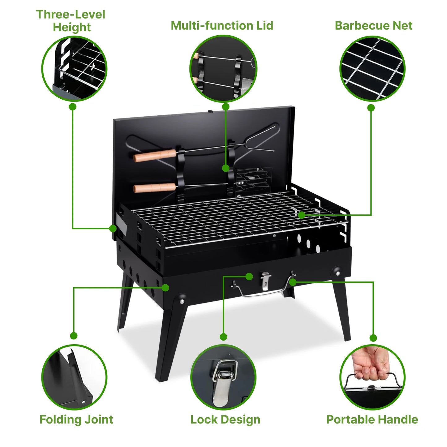 Hign-concerned Portable Charcoal Grill Foldable BBQ With Adjustable Heights