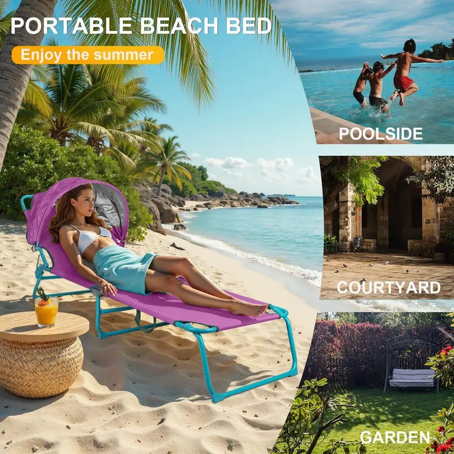 XMSJ Adjustable Folding Beach Chaise Lounge Chair With Sun Shade