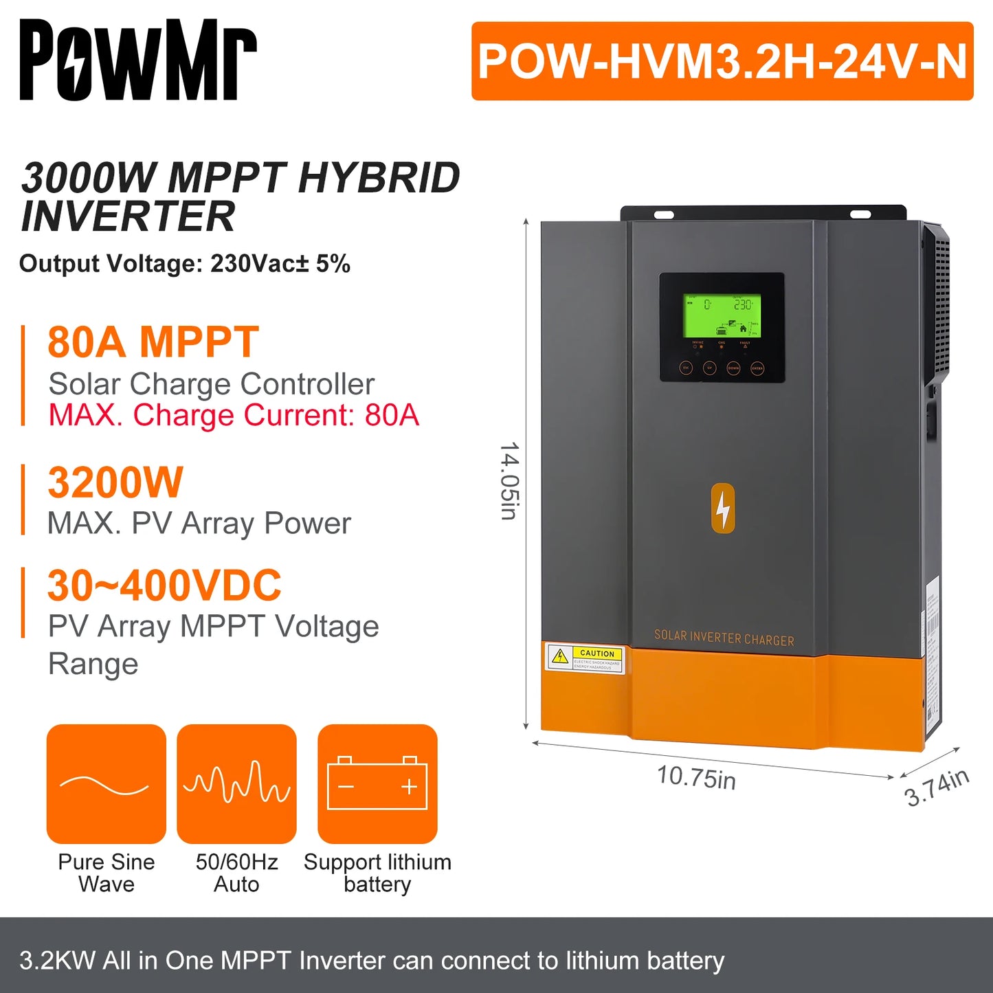 PowMr Hybrid Solar Inverter 3.2KW MPPT 80A Pure Sine Wave