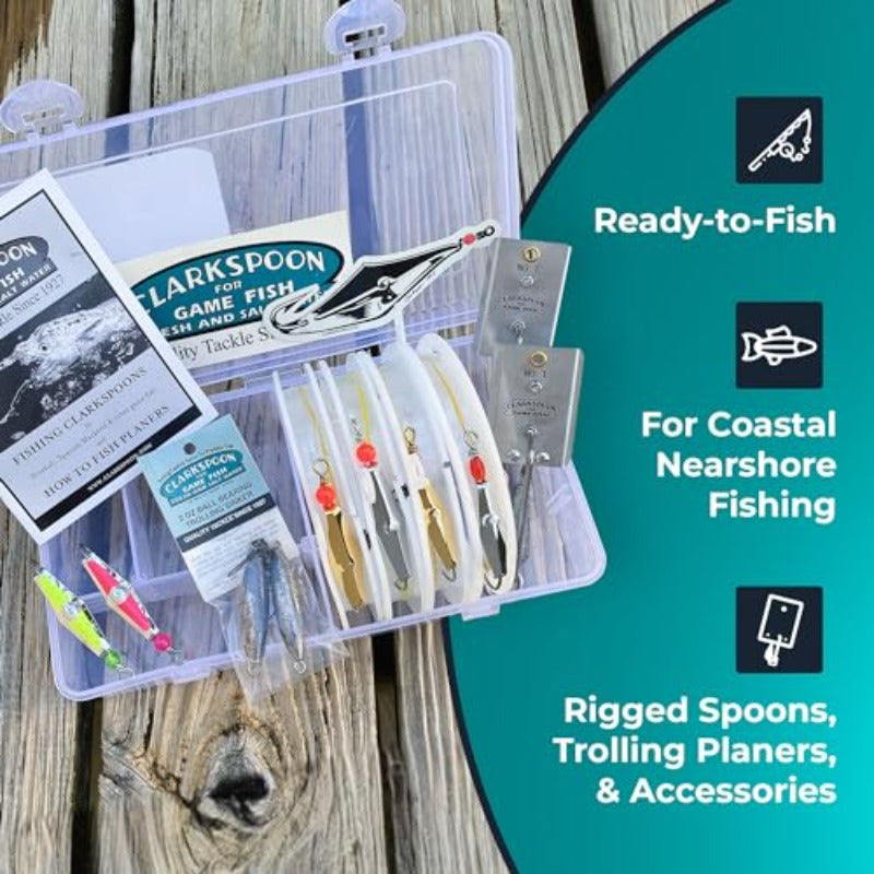 Clarkspoon All-in-One Trolling Fishing Kit: 4+2 Rigged Lures, Trolling Sinkers & Planers, Hand-Rigged in USA, Ready-to-Fish Tackle for Spanish Mackerel, Bluefish, Bonito, Tuna - Saltwater/Coastal Fishing Gear with Tackle Box