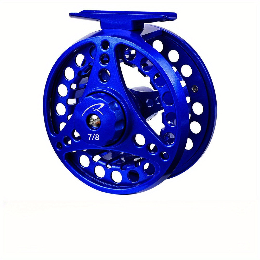 Blue PROBEROS all-metal fly fishing reel for freshwater and saltwater, corrosion-resistant aluminum alloy.