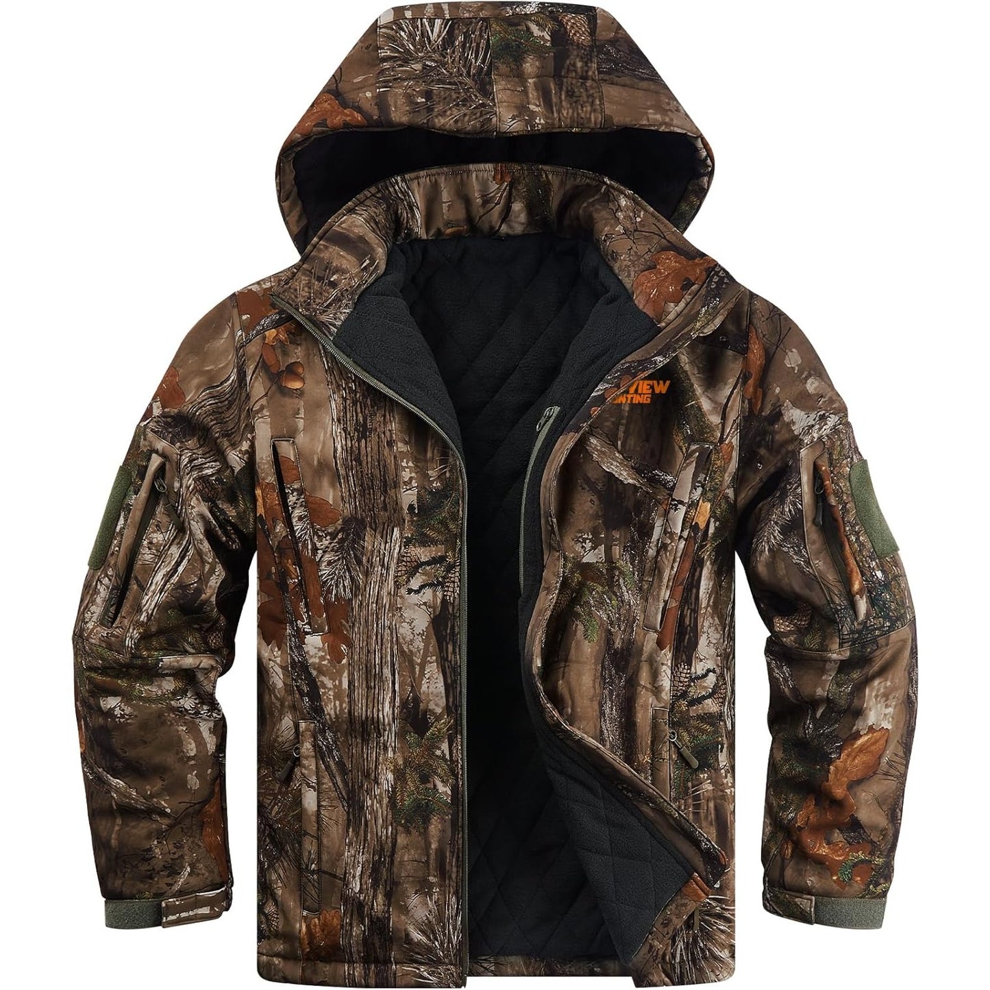 NEW VIEW Men's Insulated Hunting Jacket Cold Weather Warm Camo Jacket with Hood, Water-Resistant Camouflage Outdoor Coat for, Hunting & Winter, Multi-Cam Colors (Jungle/Forest/Desert)