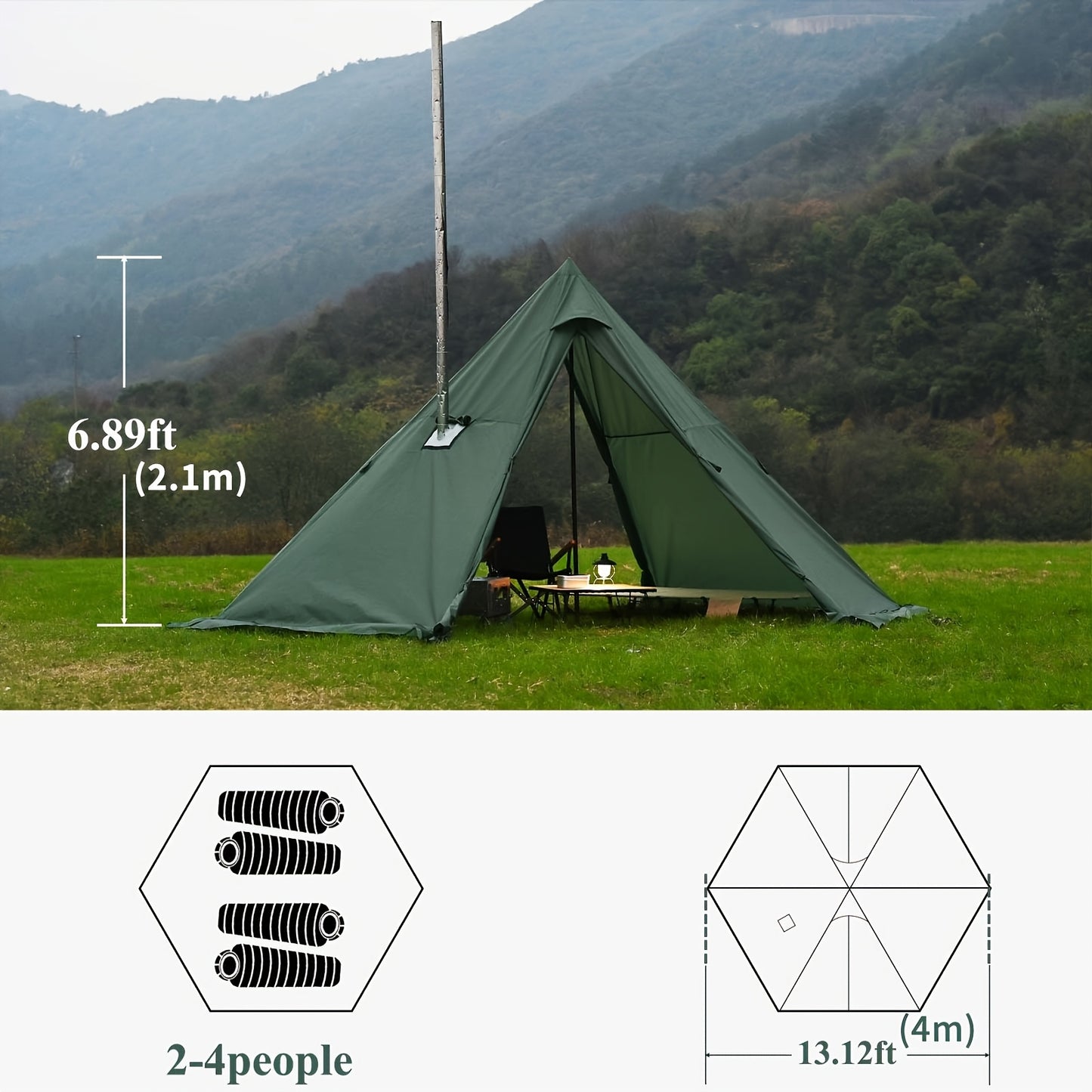 Tipi Camping Tent All-Season 3-4 Person With Stove Jack