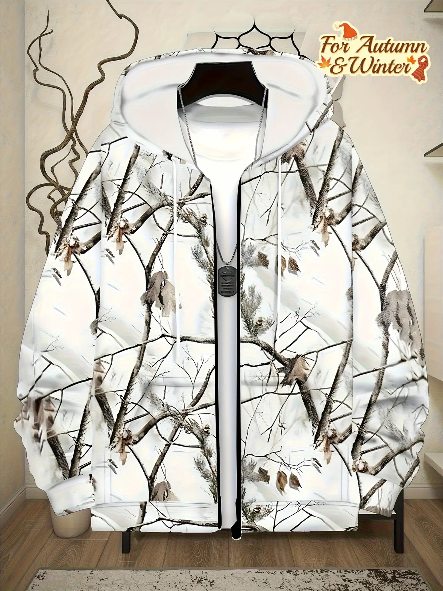 Men's Full-Zip Hooded Camo Jacket - Heavy-Duty Hunting & Outdoor Coat with Full-Zip Front, Adjustable Hood & Multi-Tone Camo (Brown/Beige/Black/White) - Machine-Washable Softshell Winter Jacket for Hiking, Camping, -Style Clo