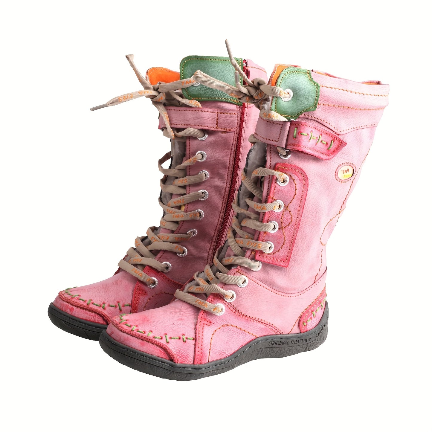 TMA EYES -Lined Hand-Stitched Leather Fashion Vintage Winter Patchwork Design Women's Mid-Calf Boots