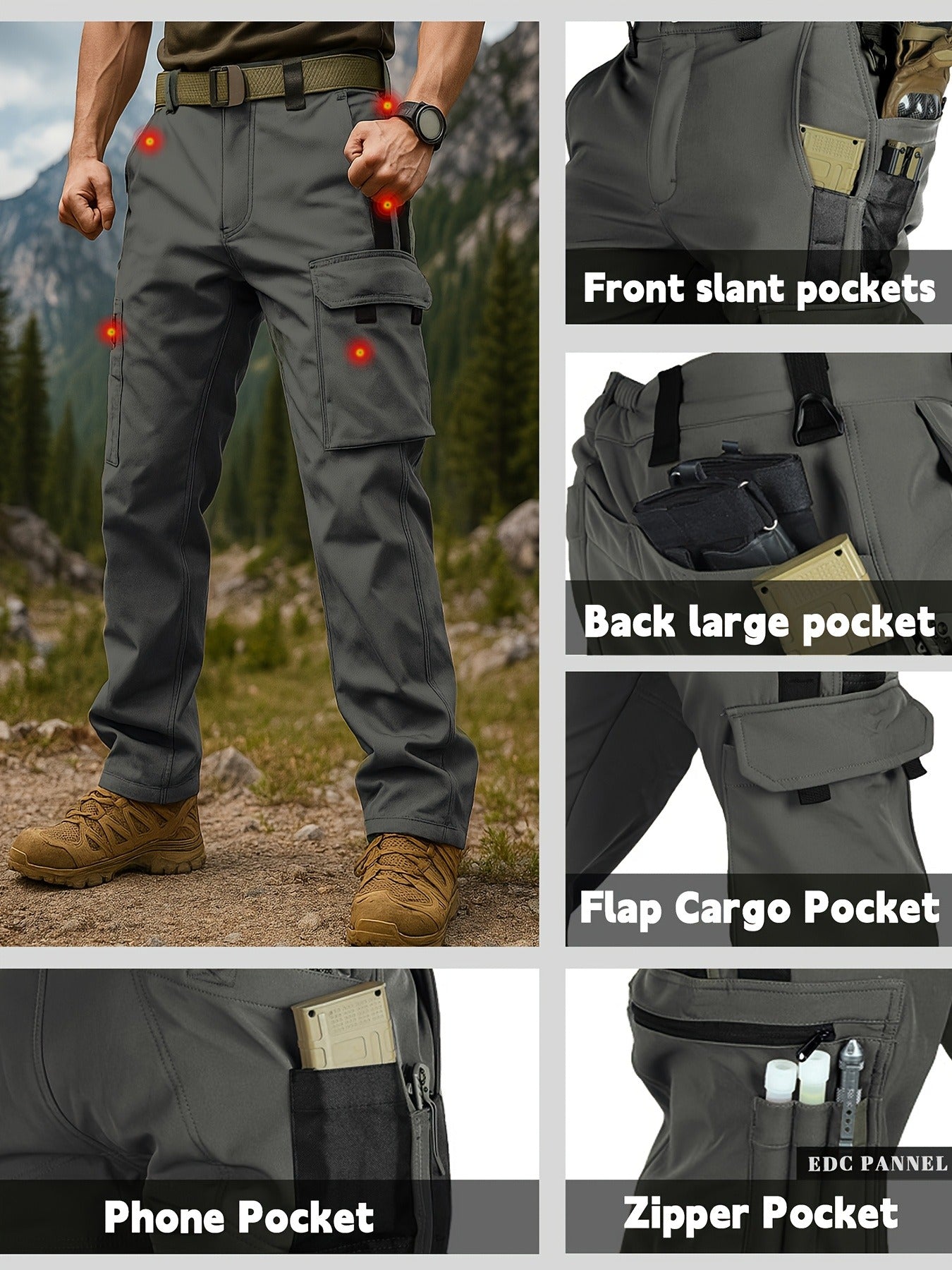 [Windproof | Fleece-Lined] Men's Windproof Fleece-Lined Ski Pants | All-Season Winter Snow Pants with Elastic Waist & Cargo Pockets, Softshell Tactical Hiking, Camping, Fishing Gear (Machine Washable)