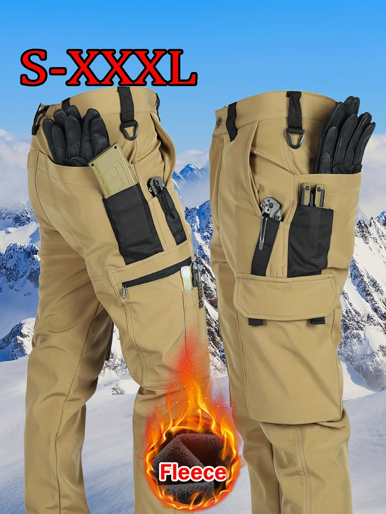 [Windproof | Fleece-Lined] Men's Windproof Fleece-Lined Ski Pants | All-Season Winter Snow Pants with Elastic Waist & Cargo Pockets, Softshell Tactical Hiking, Camping, Fishing Gear (Machine Washable)