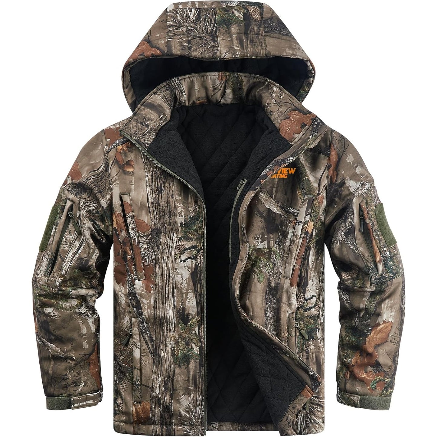 NEW VIEW Men's Insulated Hunting Jacket Cold Weather Warm Camo Jacket with Hood, Water-Resistant Camouflage Outdoor Coat for, Hunting & Winter, Multi-Cam Colors (Jungle/Forest/Desert)
