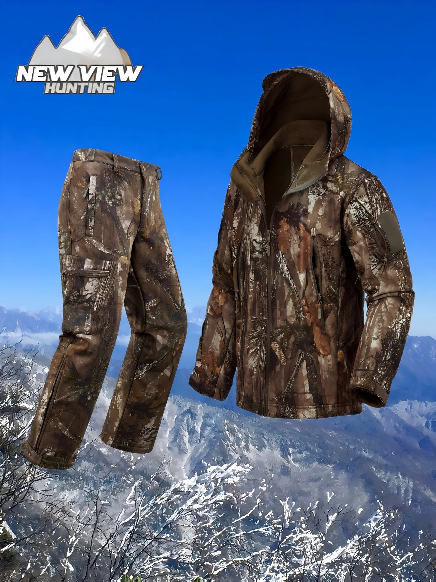 VIEW Silent Camouflage Hunting Outfit for Men, Fleece-Lined Hunting Jacket and Pants, Cold Weather, Ideal Gift for Husbands Sons Fathers