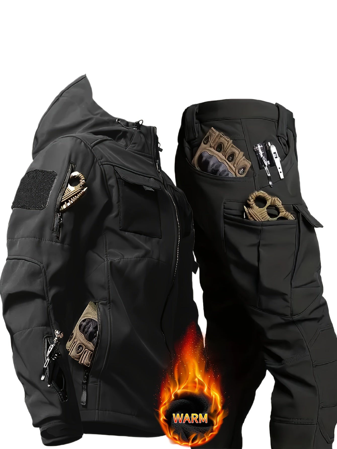 Men's Thermal Two-Piece Outdoor Set - Windproof Fleece-Lined Hooded Jacket & Cargo Pants with Zippered Pockets, Softshell Construction for Cold Weather Adventures, Durable & Lightweight, All-in-One Hiking, Camping, Hunting, C