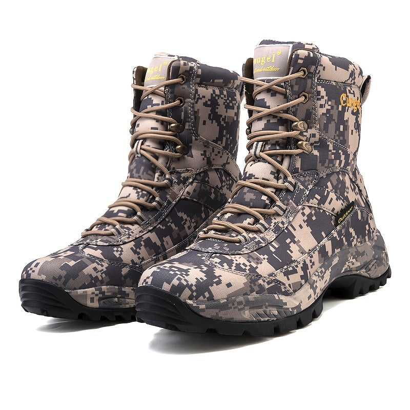 Men's Heavy-Duty Waterproof Camo Hiking Boots - Slip-Resistant Breathable Hunting Boots with Camouflage Design, All-Season Outdoor Trekking Shoes, Mid-Calf Height & Cushioning (Rubber Sole) for Camping, Climbing, Elk Hunting