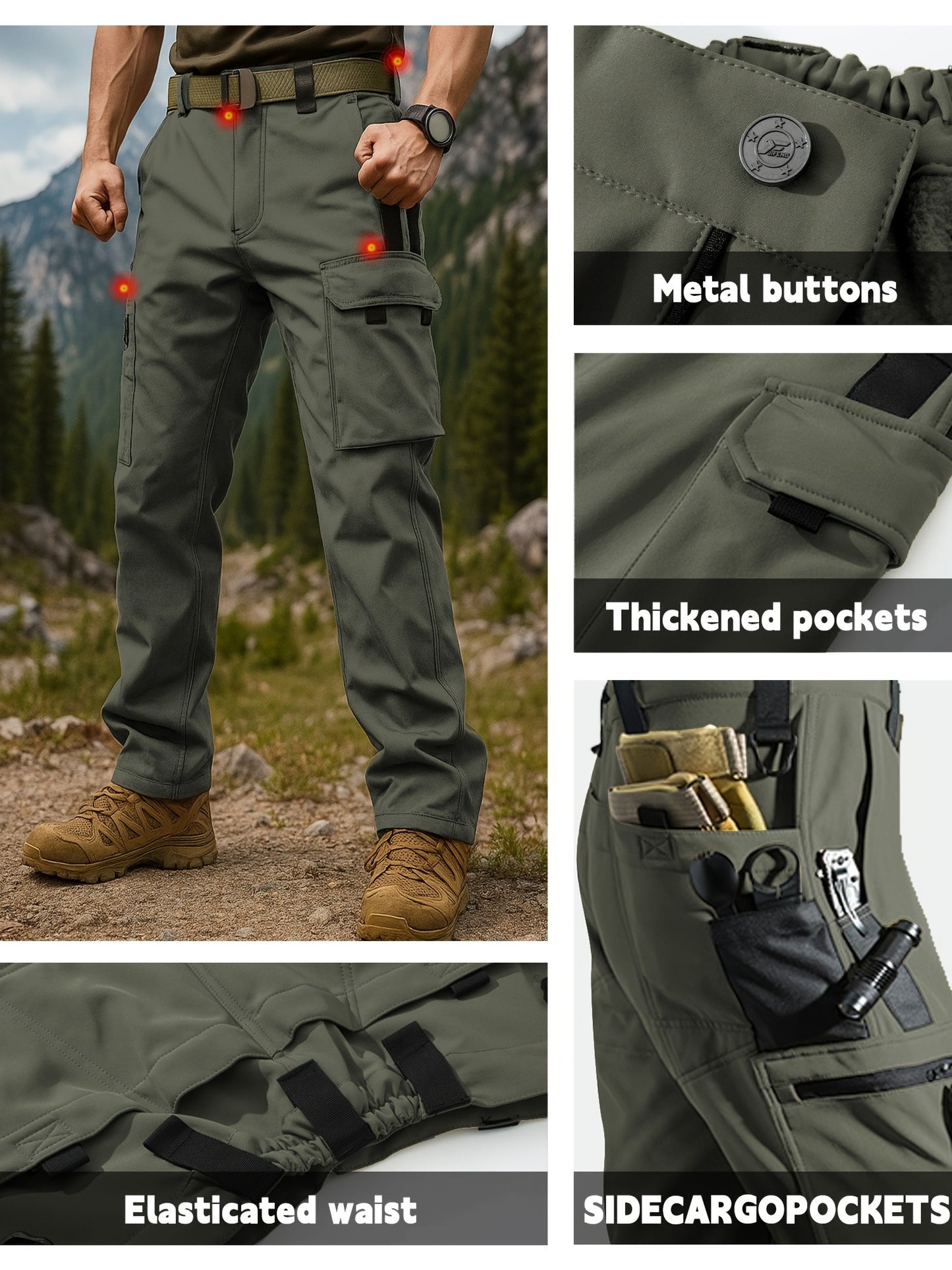 Men's Insulated Windproof Softshell Pants With 9 Pocket Outdoor Trousers