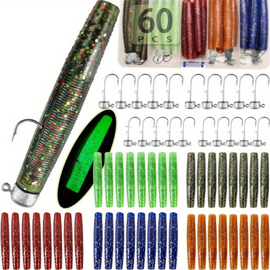 60/25pcs Ned Rig Jig Heads Soft Plastic Worms Stick Baits Kit - Finesse Mushroom Ned Rigs with 6 Vibrant Colors, Durable Non-Woven Material for Bass Fishing in Freshwater & Saltwater, Includes 6 Jighead Hooks & 6 Soft Plastic