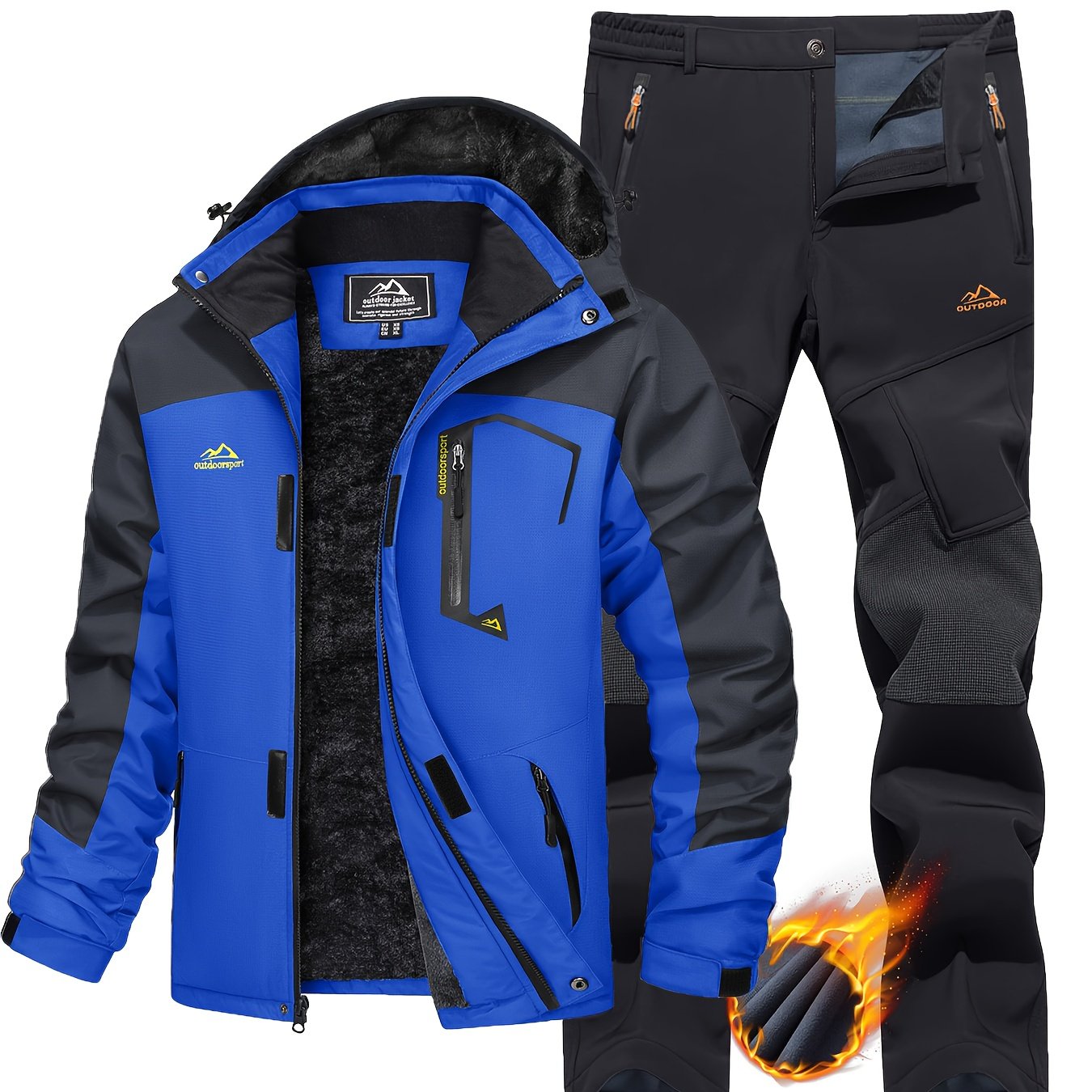 [1 Warm Jacket And 1 Pant] Men's Thermal Fleece Lined Jacket & Pants Set Winter Men's Windproof Snow Ski Suit Adjustable Storm Hood 5 Pockets 4 Zip Pockets Reinforced Knees Elastic Waist for Winter Hiking Camping Climbing Fis