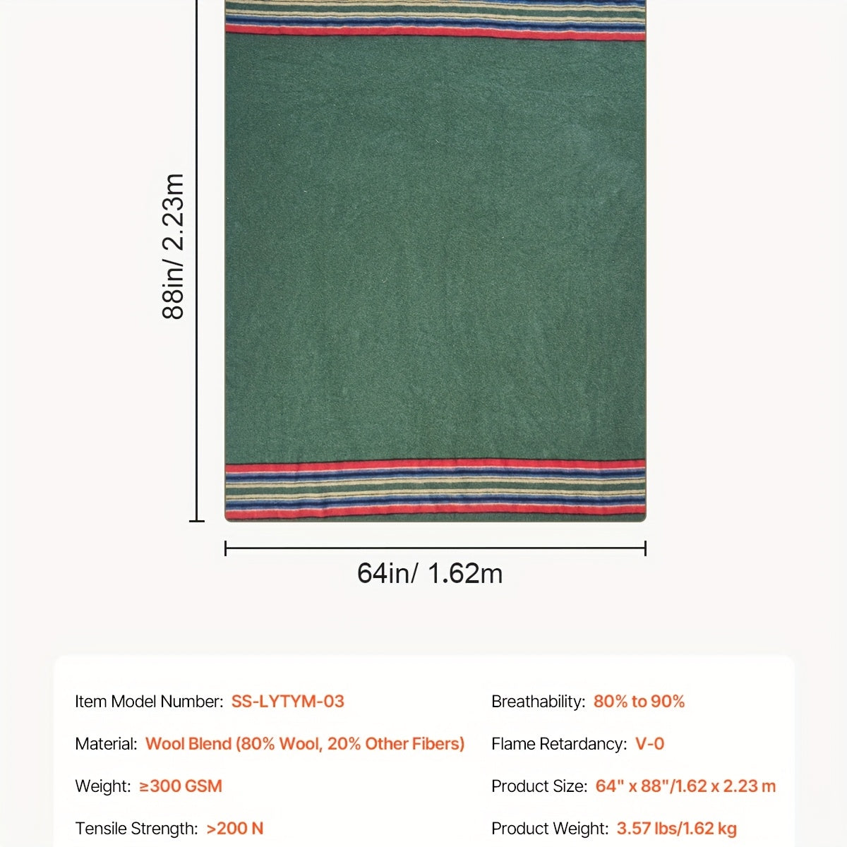 Happybuy Large Wool Camping Blanket - 64" x 88", High Quality & Windproof, Flame Retardant, Soft & Cozy for Outdoors, Picnics, Hiking, Sports Events, Travel, 80% Wool, Multicolor Striped Design (Green, Blue, Brown)