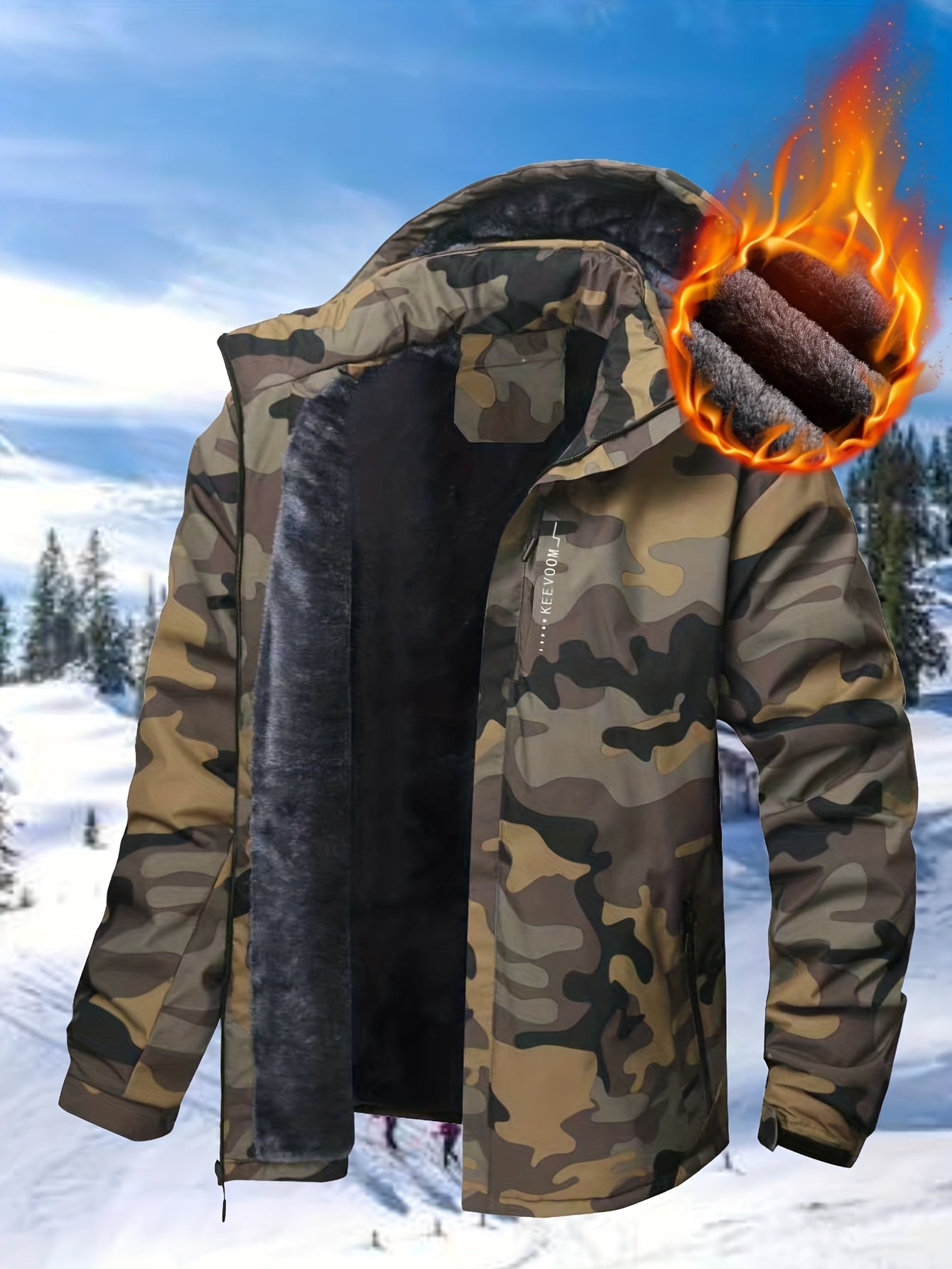 Men's Winter -Lined Thermal Jacket High Quality Windproof Coat with Hood, Thick Outdoor, Button & Zipper Closure, Machine Washable for Hiking, Skiing, Camping - Camouflage (Solid Color also available)