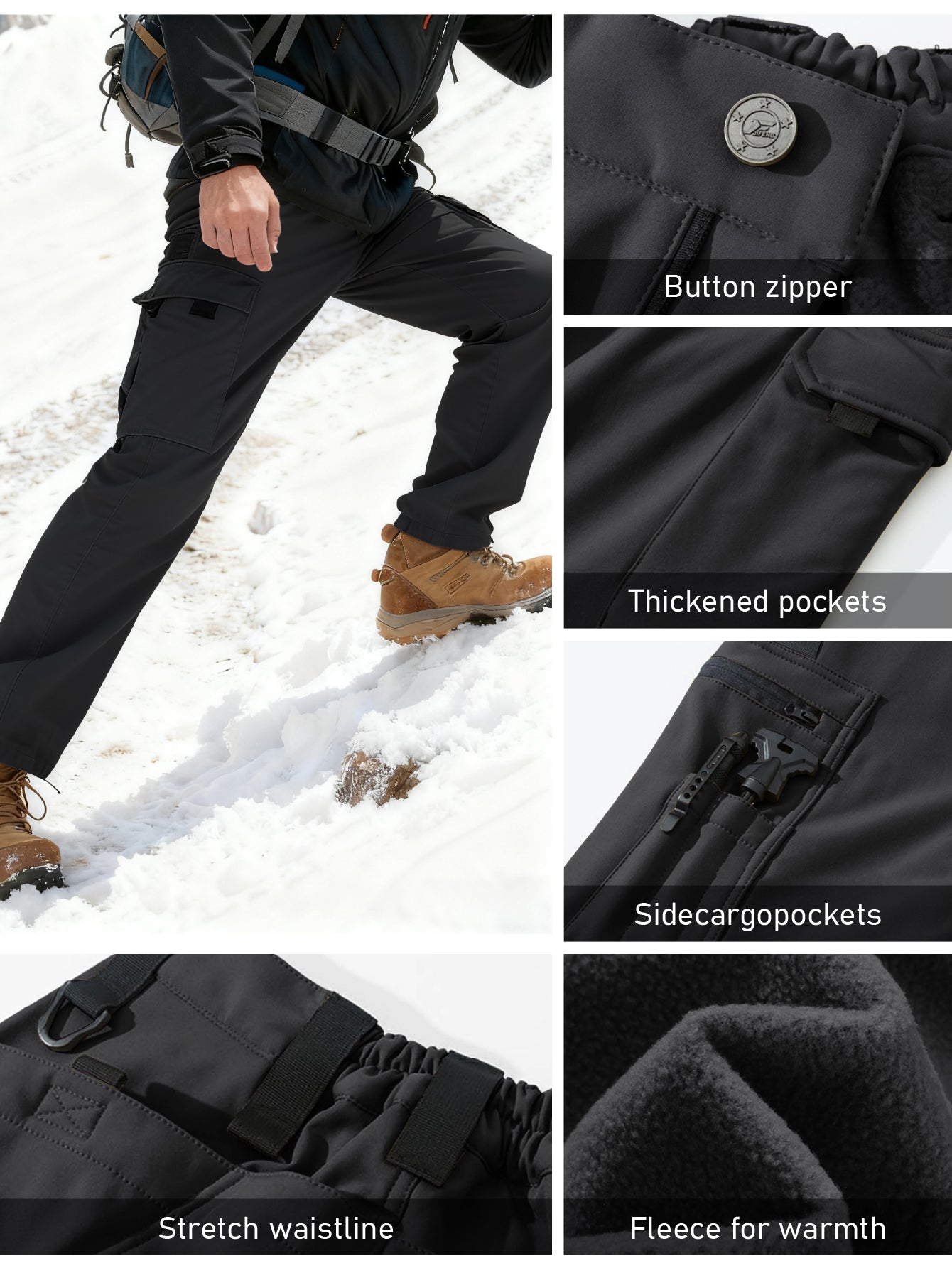 Men's Insulated Windproof Softshell Pants With 9 Pocket Outdoor Trousers