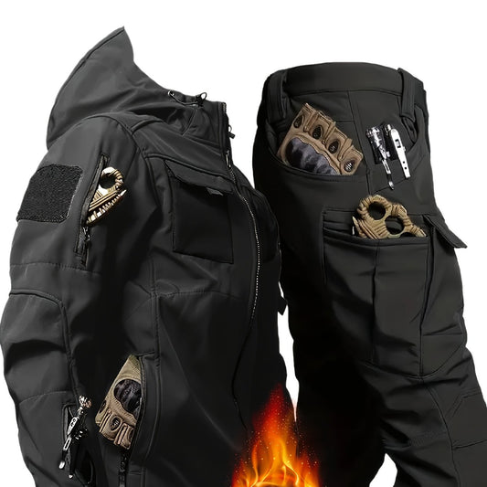 Men's Thermal Two-Piece Outdoor Set - Windproof Fleece-Lined Hooded Jacket & Cargo Pants with Zippered Pockets, Softshell Construction for Cold Weather Adventures, Durable & Lightweight, All-in-One Hiking, Camping, Hunting, C
