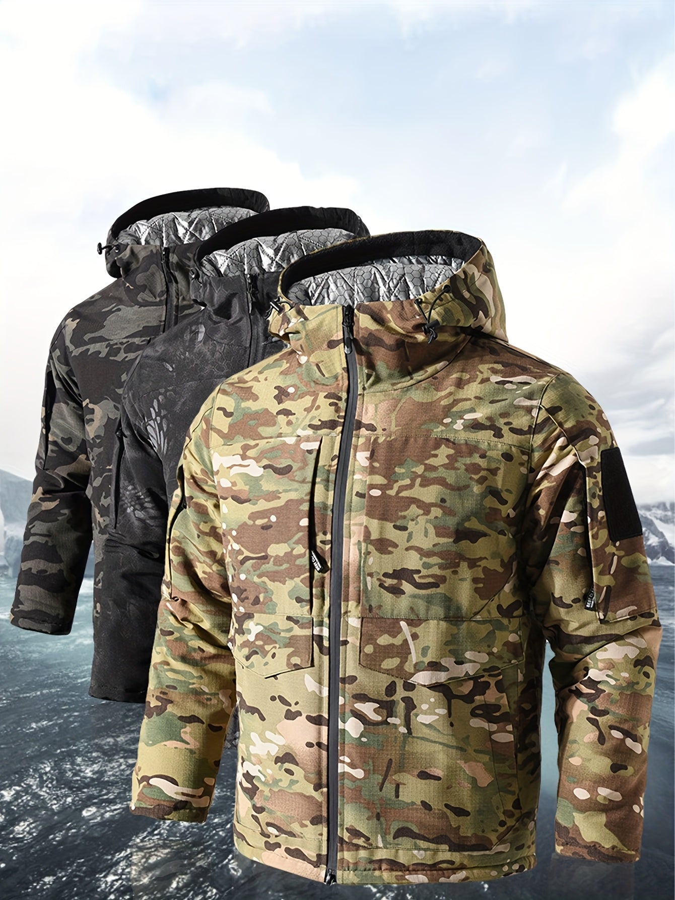 Windproof Cold-Proof Jacket with Hood - Camouflage Outdoor Coat, Loose Fit Short Length Warm Winter Jacket for, Machine Washable, Ideal for fathers/husbands (Camo Pattern, Door Pockets) - Perfect Gift for Dad or Husband)
