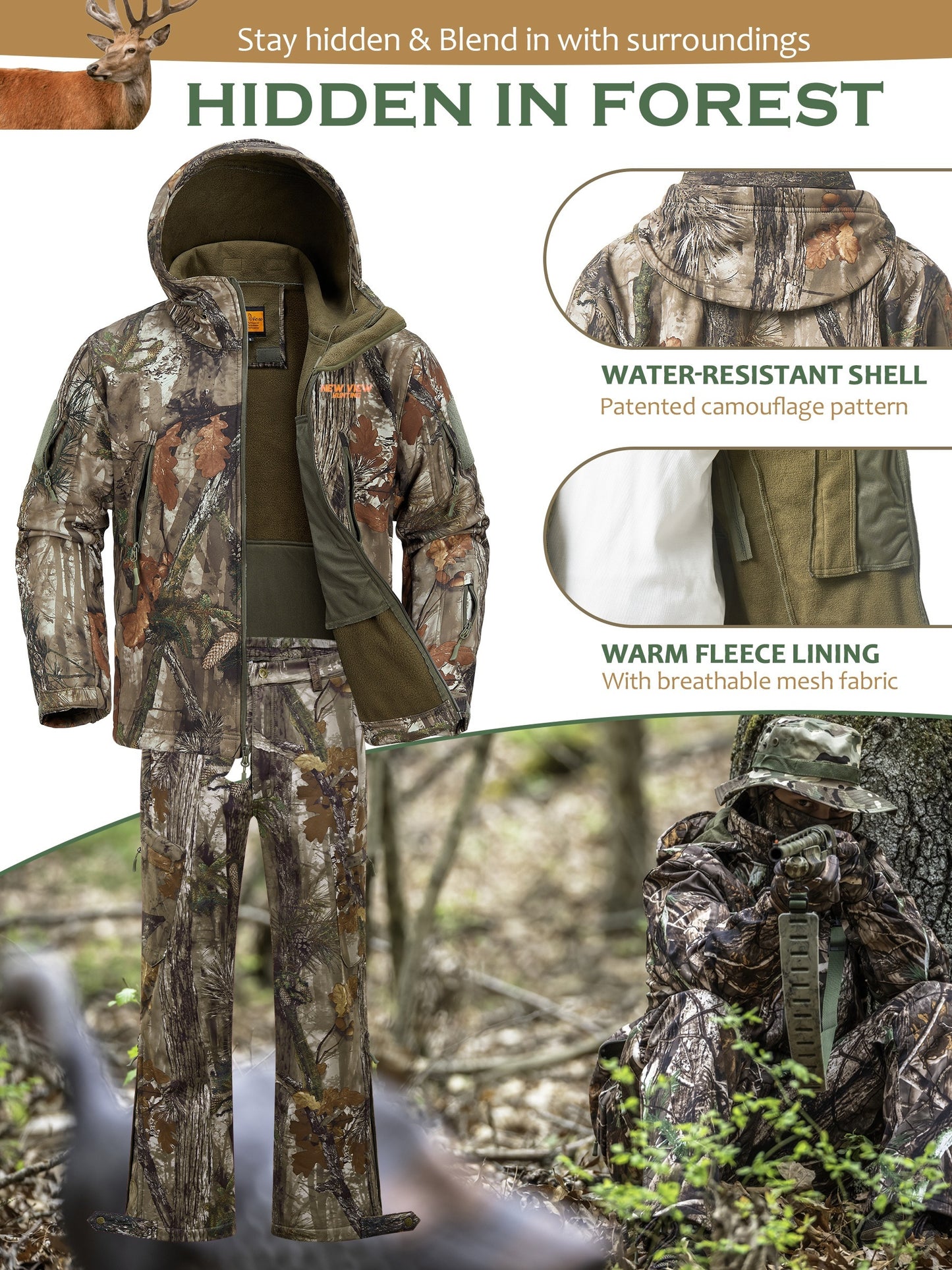 NEW VIEW Camo Hunting Clothes For Men, Quiet Warm Hunting Jacket And Pants, Hunting Suit For Deer Duck Bow Hunt
