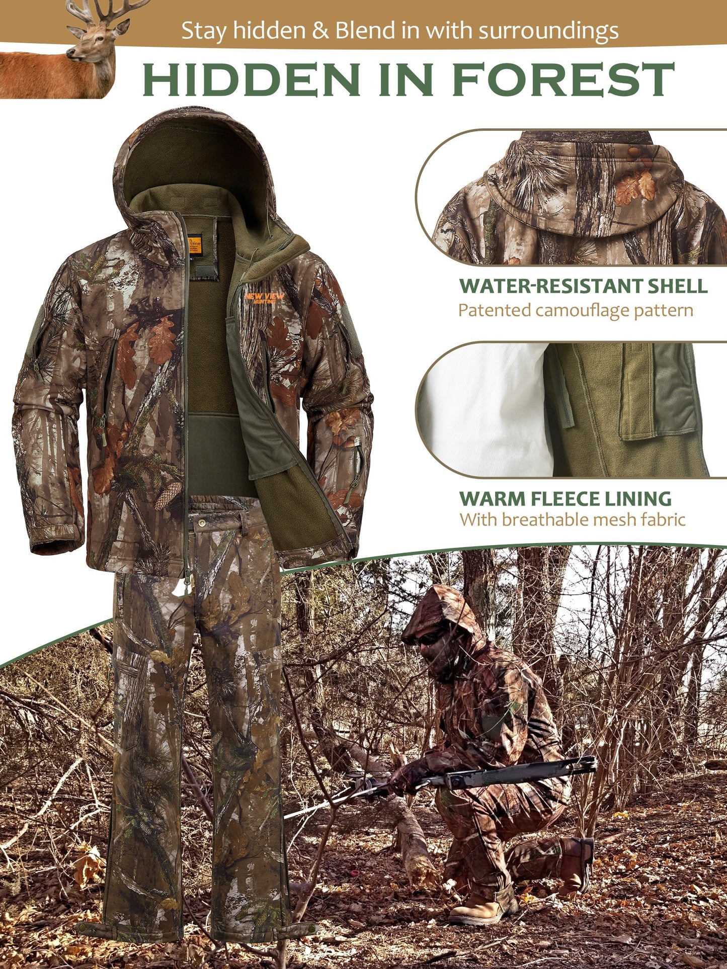NEW VIEW Camo Hunting Clothes For Men, Quiet Warm Hunting Jacket And Pants, Hunting Suit For Deer Duck Bow Hunt