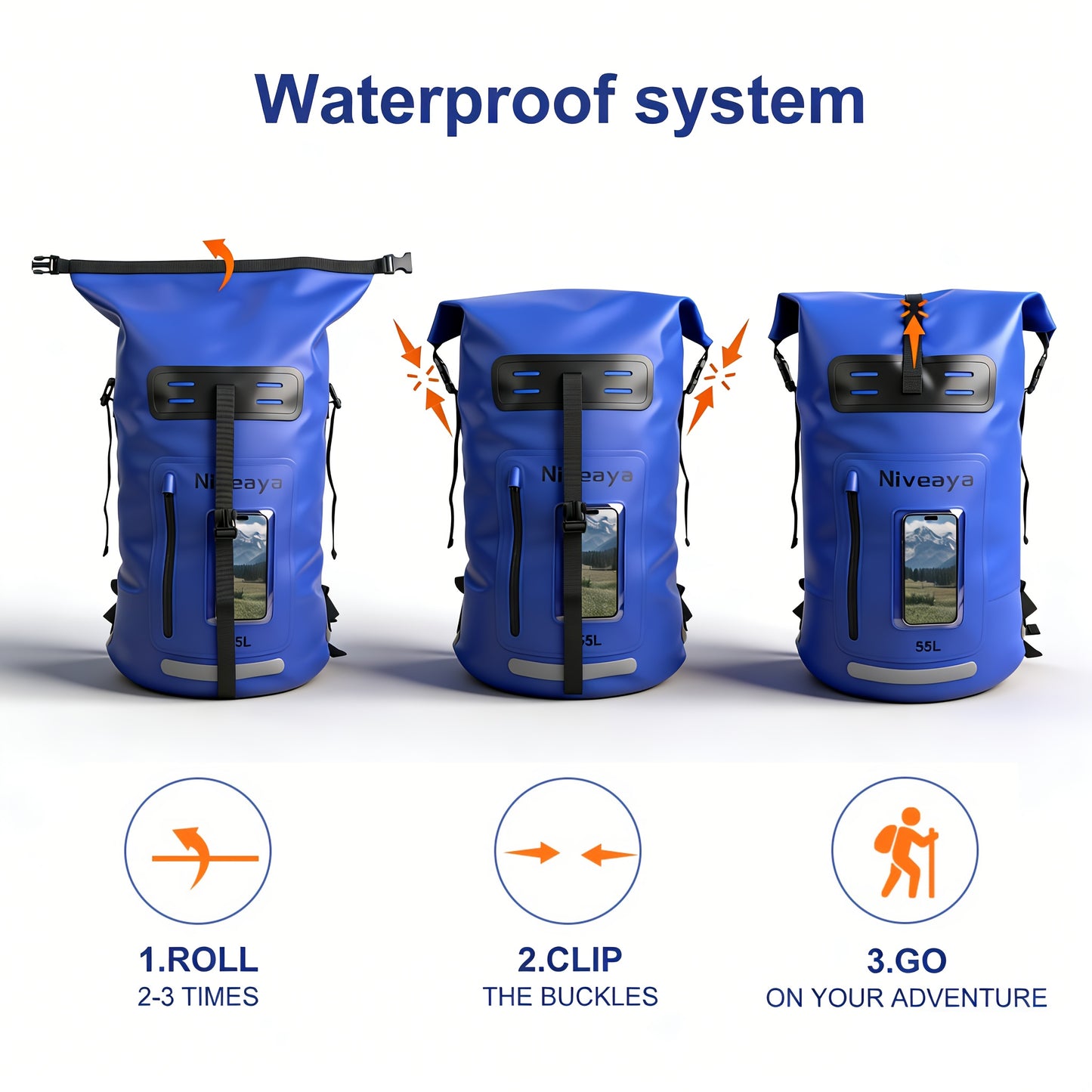 NIVEAYA Heavy Duty Hiking Backpack Roll Top Closure Bag