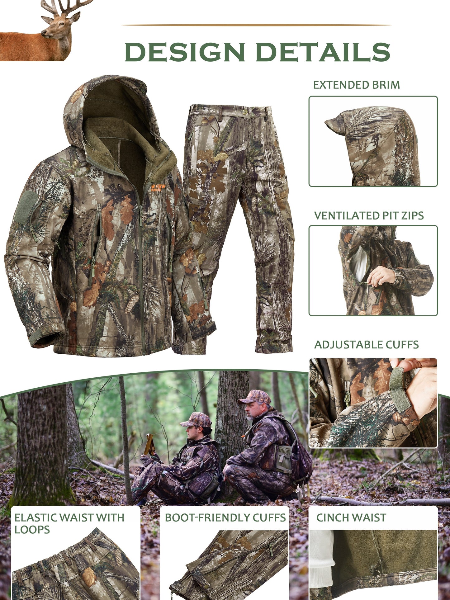 NEW VIEW Camo Hunting Clothes, Quiet Warm Hunting Jacket and Pants, High Quality Hunting Suit for Deer Duck Bow Hunt