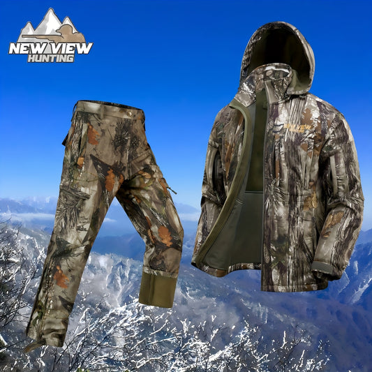 VIEW Hunting Clothes for Men, Silent Camo Fleece-Lined Jacket and Pants, Warm and Water Resistant