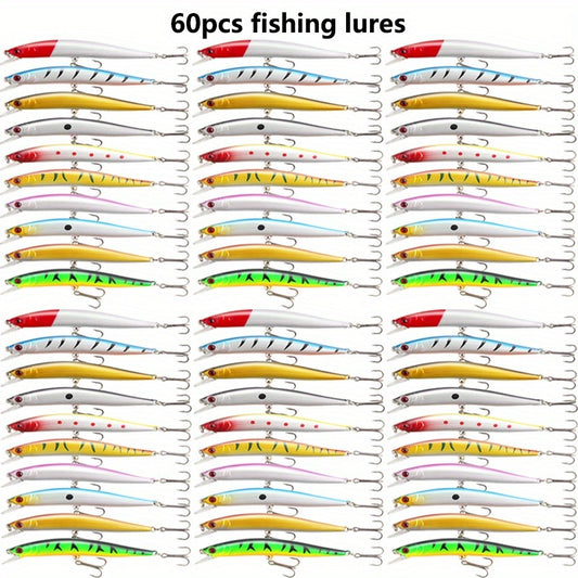 60pcs Large Floating Minnow Lures, ABS Hard Fishing Baits with Twitch/Wobbling/Darting Action - 10cm/3.94in 8.3g Weight, Floating Minnow for Bass Trout Walleye - Freshwater & Saltwater Use, Multi-Color for all-Season Catch (I