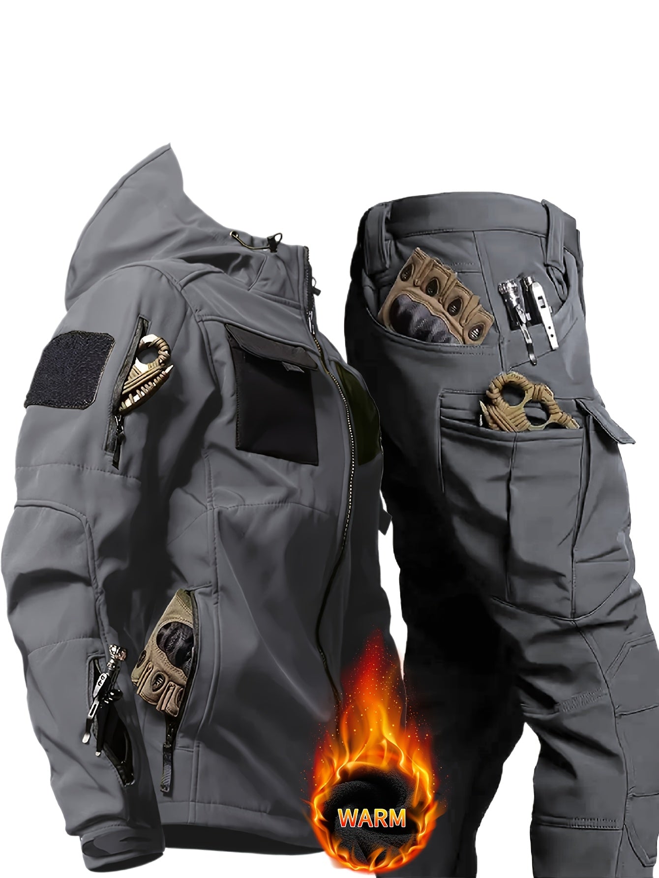 Men's Thermal Two-Piece Outdoor Set - Windproof Fleece-Lined Hooded Jacket & Cargo Pants with Zippered Pockets, Softshell Construction for Cold Weather Adventures, Durable & Lightweight, All-in-One Hiking, Camping, Hunting, C