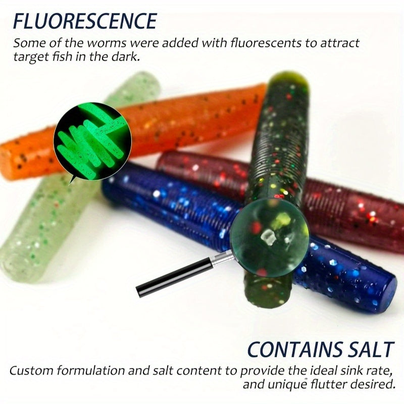 60/25pcs Ned Rig Jig Heads Soft Plastic Worms Stick Baits Kit - Finesse Mushroom Ned Rigs with 6 Vibrant Colors, Durable Non-Woven Material for Bass Fishing in Freshwater & Saltwater, Includes 6 Jighead Hooks & 6 Soft Plastic