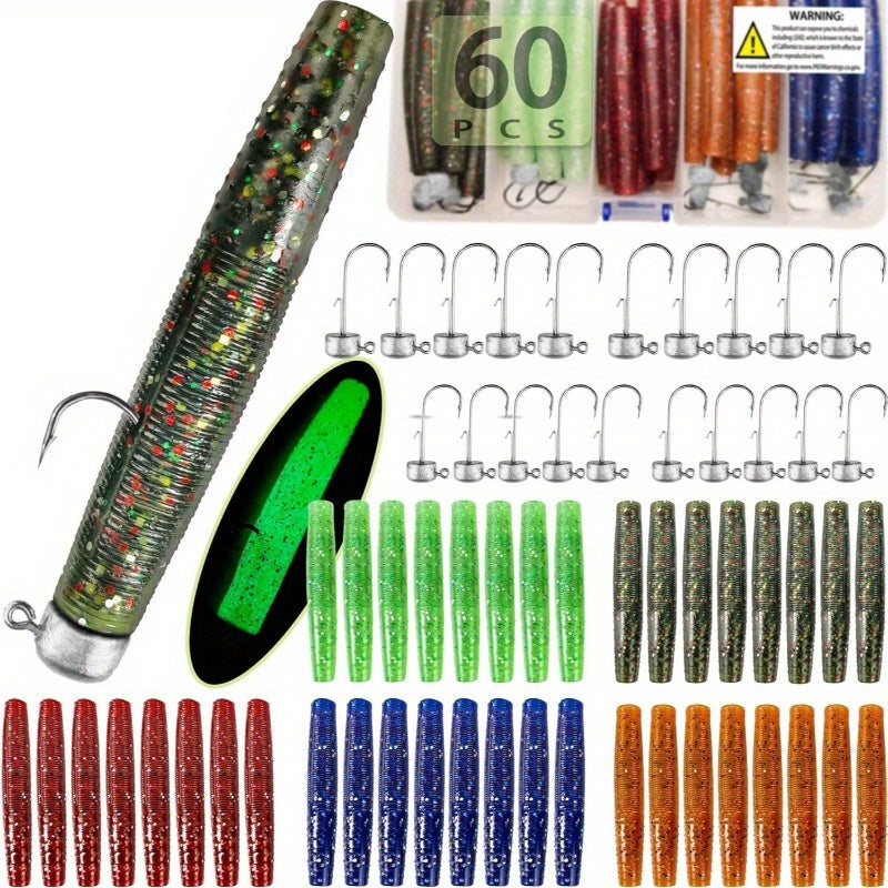 60/25pcs Ned Rig Jig Heads Soft Plastic Worms Stick Baits Kit - Finesse Mushroom Ned Rigs with 6 Vibrant Colors, Durable Non-Woven Material for Bass Fishing in Freshwater & Saltwater, Includes 6 Jighead Hooks & 6 Soft Plastic