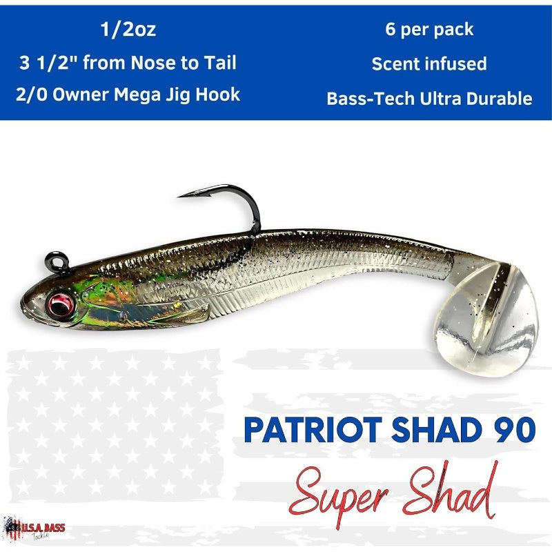 USA Shad Scent-Infused Paddle Tail Swimbaits - Pre-Rigged Saltwater & Freshwater Fishing Lures with Strong Owner Hook, Realistic Lure Bait for Bass, Pike, Trout, Walleye, Predator Fish - Heavy-Duty Pre-Rigged Line Setup