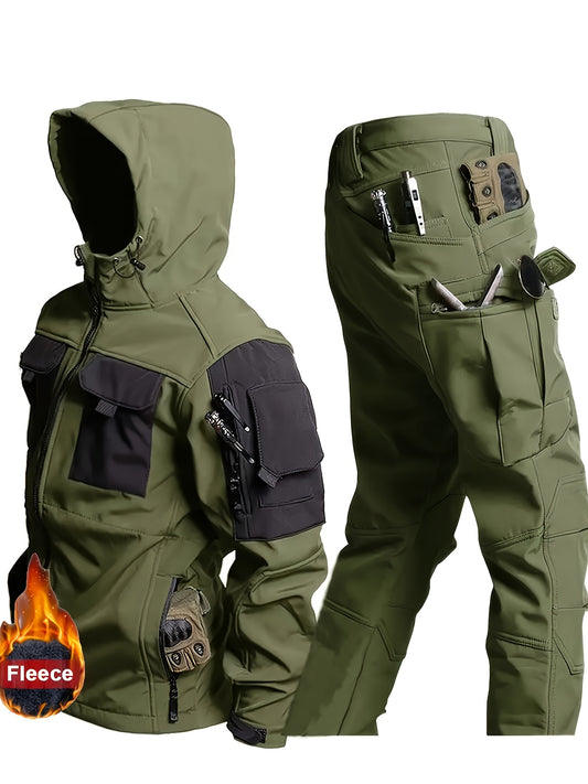 Mens Windproof Lined Hooded Jacket And Pants Set Hiking Gear
