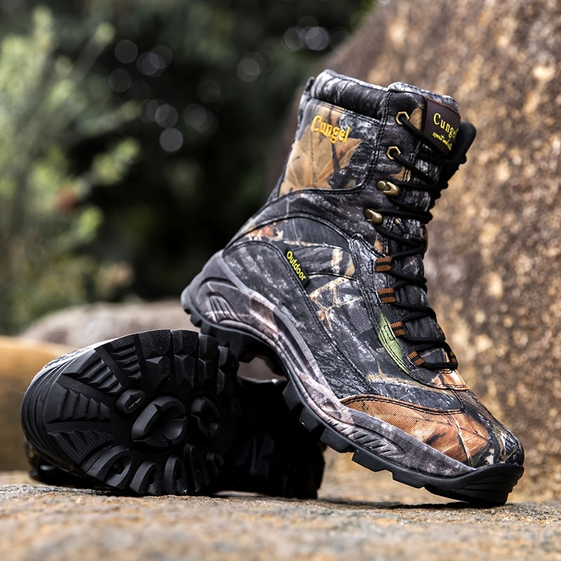Men's Heavy-Duty Waterproof Camo Hiking Boots - Slip-Resistant Breathable Hunting Boots with Camouflage Design, All-Season Outdoor Trekking Shoes, Mid-Calf Height & Cushioning (Rubber Sole) for Camping, Climbing, Elk Hunting