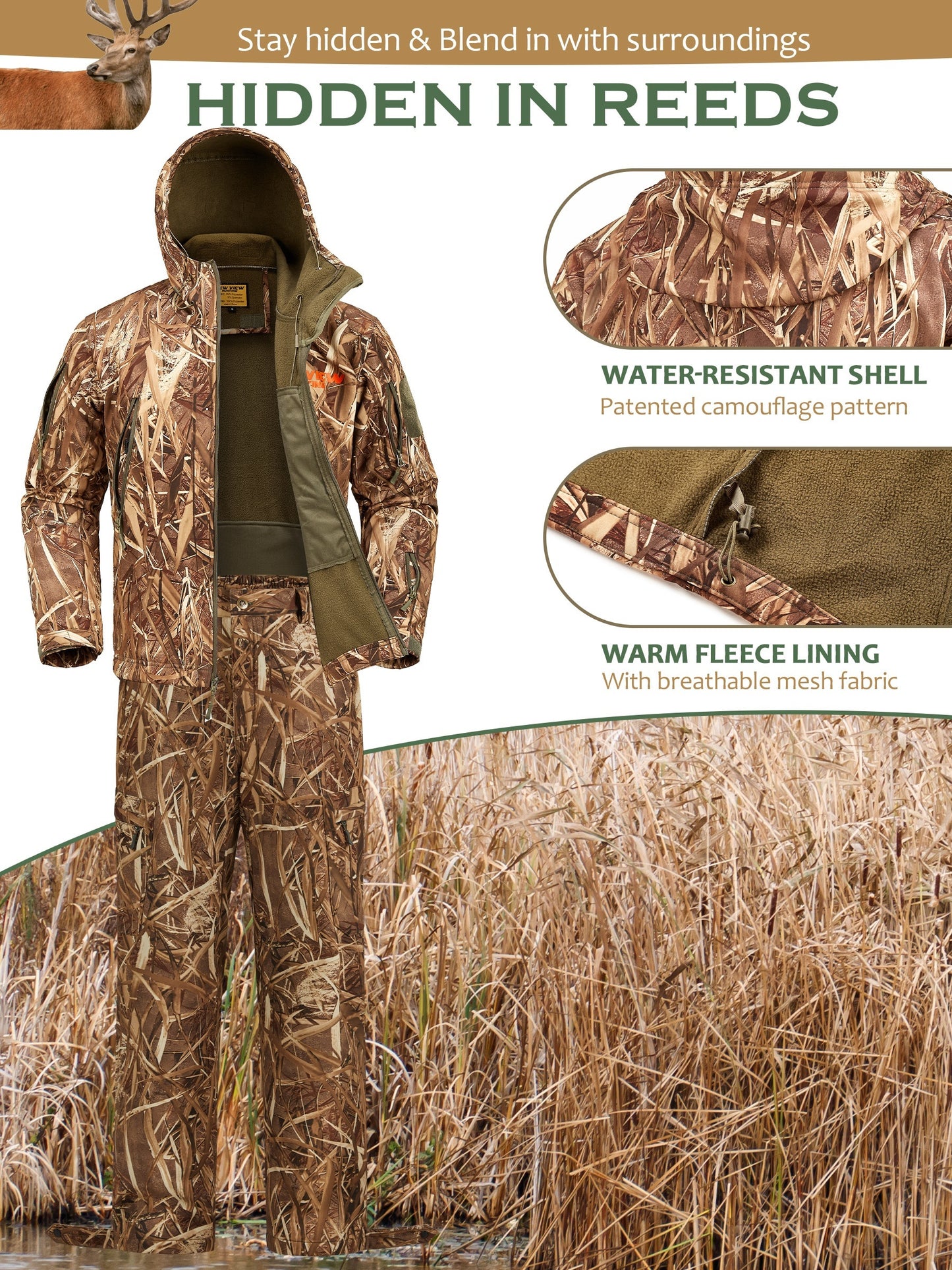 VIEW Hunting Clothes for Men, Quiet Camo Hunting Jacket and Pants, Hunting Suit for Deer Duck Bow Hunting