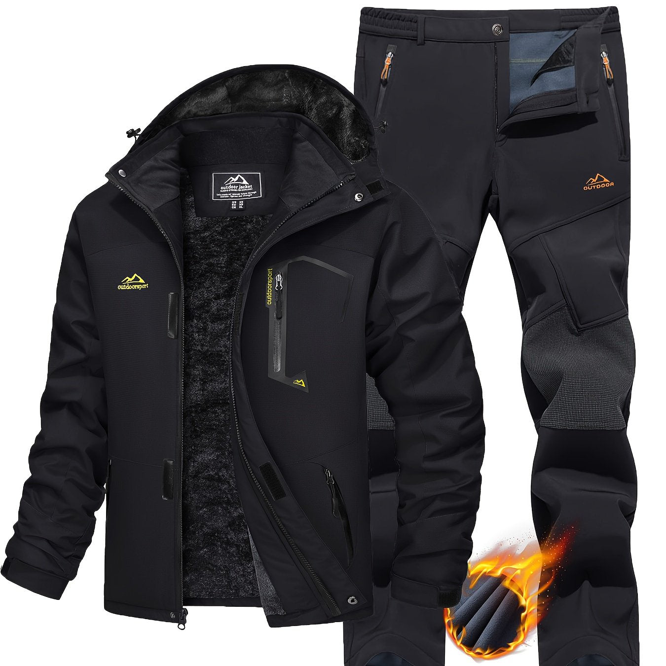 [1 Warm Jacket And 1 Pant] Men's Thermal Fleece Lined Jacket & Pants Set Winter Men's Windproof Snow Ski Suit Adjustable Storm Hood 5 Pockets 4 Zip Pockets Reinforced Knees Elastic Waist for Winter Hiking Camping Climbing Fis