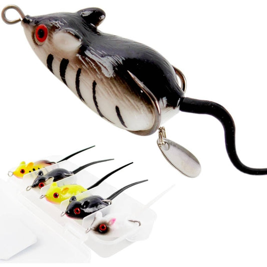 5pcs Topwater Mouse Rat Fishing Lure | Realistic Soft Rat Bait for Bass, Trout, Pike, Muskie | Hollow Body, Weedless Double Barb Hooks, Spinnerbait Blade, Glide Bait Crankbait Compatible, Light Color