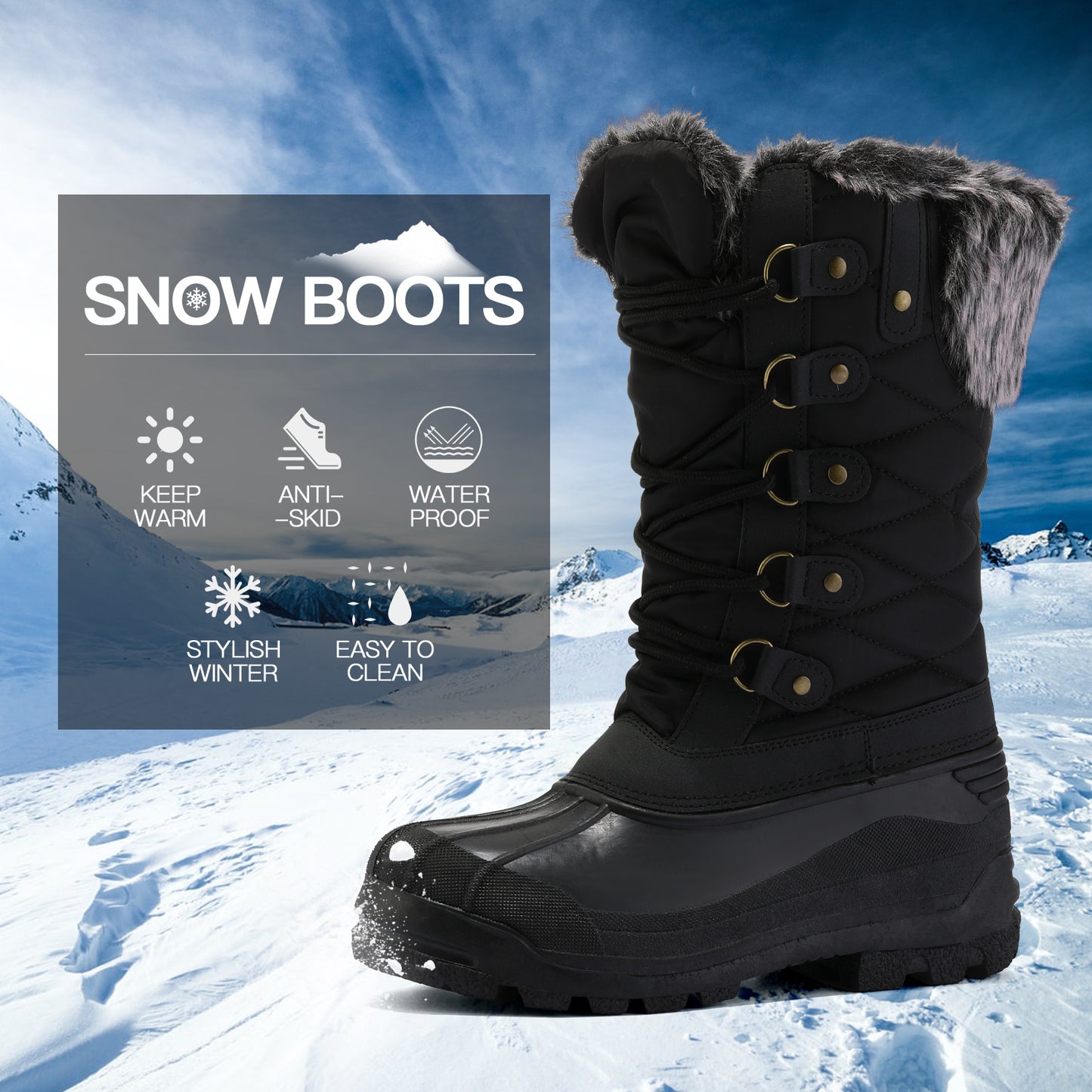 Insulated Women's Snow Boots Faux Fur Warm Mid-Calf Rubber Sole