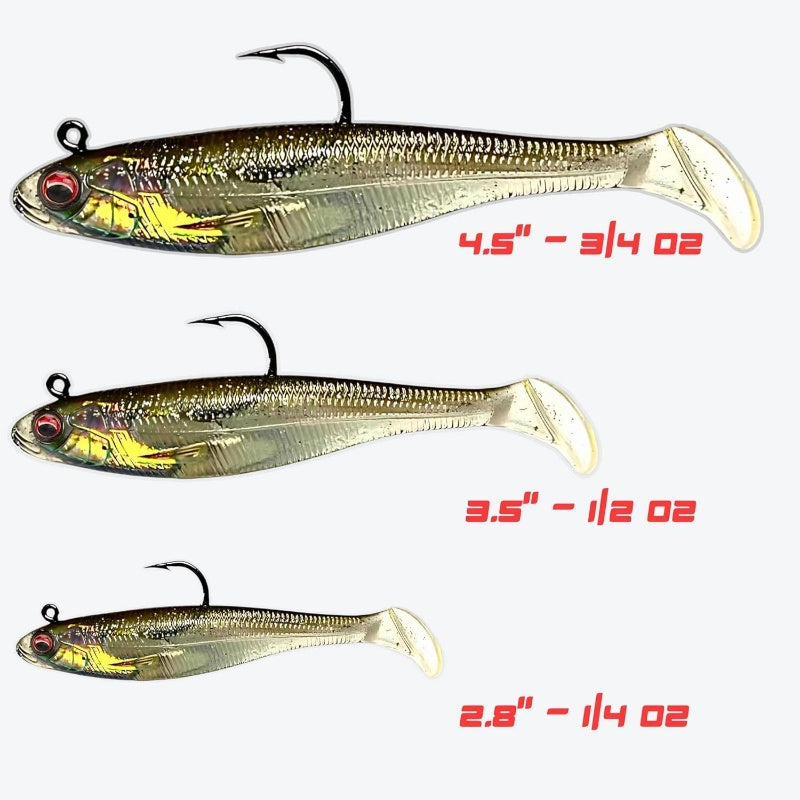 USA Shad Scent-Infused Paddle Tail Swimbaits - Pre-Rigged Saltwater & Freshwater Fishing Lures with Strong Owner Hook, Realistic Lure Bait for Bass, Pike, Trout, Walleye, Predator Fish - Heavy-Duty Pre-Rigged Line Setup