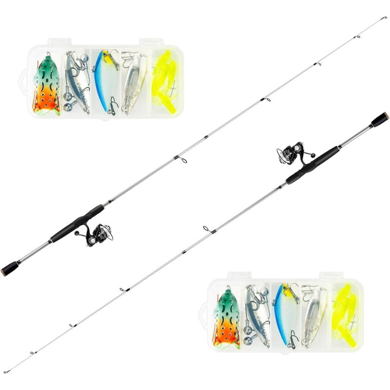 2pcs Fishing Rod and Spinning Reel Combo with Lures | Portable Fishing Rod Kit for Saltwater and Freshwater, Travel Fishermen, Fast Action, Medium Light Power, Silvery Color