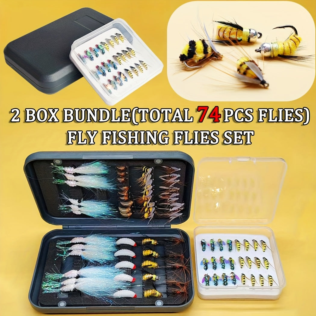 74pcs (2 Box Bundle) Fly Fishing Lure Kit - All-in-One Dry/Wet/Streamer/Nymph Baits with Heavy-Duty Tackle Box-Like Organizer-Like Case-Like Presentation (No Box) Pattern - Trout, Salmon, Bass Freshwater/Saltwater Fly Assortm